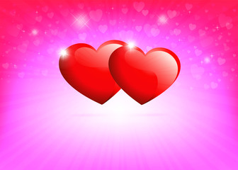 light pink background with silhouettes of red hearts and rays of light