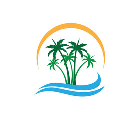 Fototapeta na wymiar sun beach ocean wave palm coconut tree vector logo design