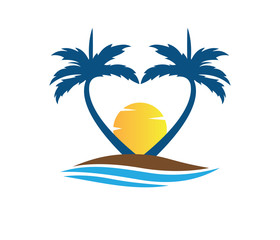 sun beach ocean wave palm coconut tree vector logo design