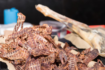 Spicy dried meat in a deep plate