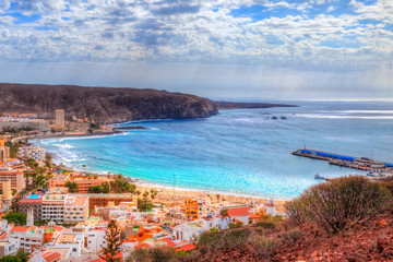 Beautiful aerial view over Los Cristianos beach in summer holiday of Tenerife, Canary island, Spain