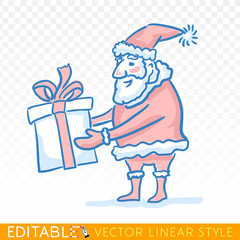 Santa Claus hold present into gift box. Editable line drawing. Xmas New year stock vector illustration.
