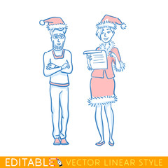 Office christmas party. Business man and snow maiden. Editable line drawing. Xmas New year stock vector illustration.