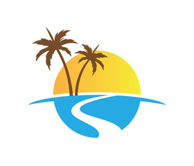 Fototapeta na wymiar sun beach ocean wave palm coconut tree vector logo design