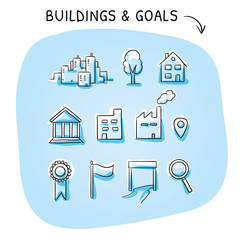 Icon set with buildings and location icons, as industry, office, house, city, finish, flag tree and badge. Hand drawn sketch vector illustration, blue marker style coloring on plain background. 