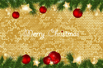 Christmas background with fir branches and gold stars with decorations. Vector illustration