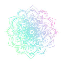Round mandala on white isolated background. floral mandala pattern. Yoga holographic template. Double color exposure effect.