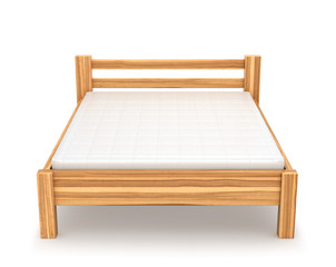 Деревянная кровать с матрасом. Изолированные на белом фоне. 3d иллюстрации