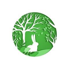 Seasons Greetings.  Paper art carve of rabbit in the wood