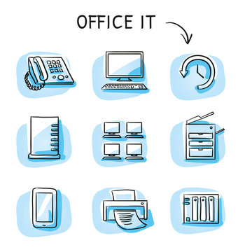Set with different business and office icons, as chair, desk, light bulb, letter, calendar and watch. Hand drawn sketch vector illustration, blue marker style coloring on single blue tiles.