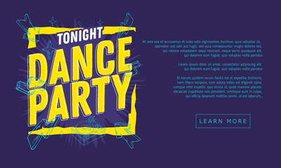 Dance Party 90s Influenced Typographic Web Banner Design With Hand Drawn Line Art Cartoon Style Elements And Vivid Bright Colors.