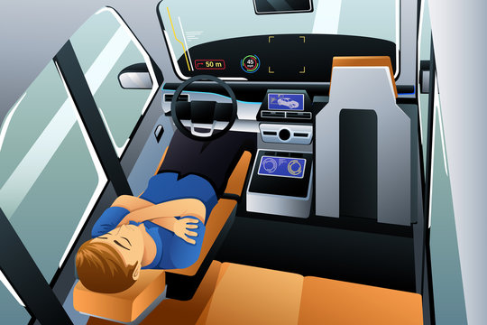 Man Sleeping In Self Driving Car Illustration