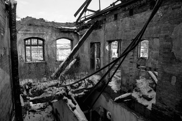Old ruined brick building, destroyed and abandoned place.