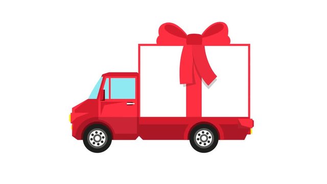 Red truck with big gift box rides. Looped animation with alpha channel.