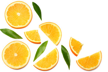 healthy food. sliced orange with green leaf isolated on white background top view