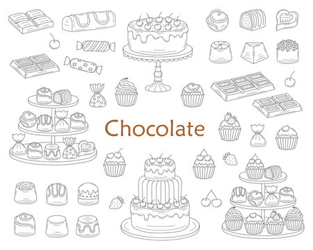 Chocolate dessert collection, with chocolate cakes, chocolate bars, sweet candies and cupcakes, Vector illustration.