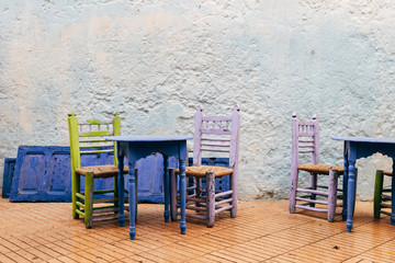 Fototapeta na wymiar colorful furniture at Essaouira old medina, morocco