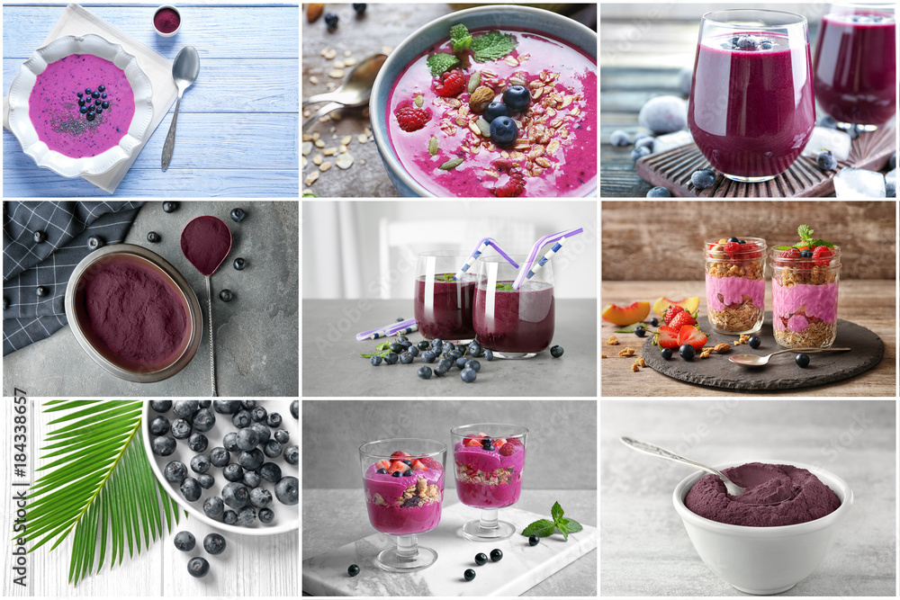 Poster collage of different ideas for recipes with acai berries