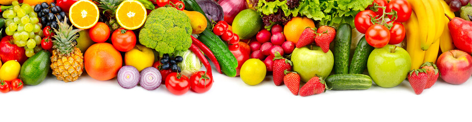 Panoramic collection fresh fruits and vegetables for skinali isolated on white background. Top view