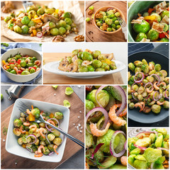 Collage of different ideas for salad recipes with brussel sprouts