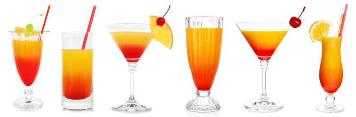 Set of different serving of popular cocktail Sex on the Beach on white background