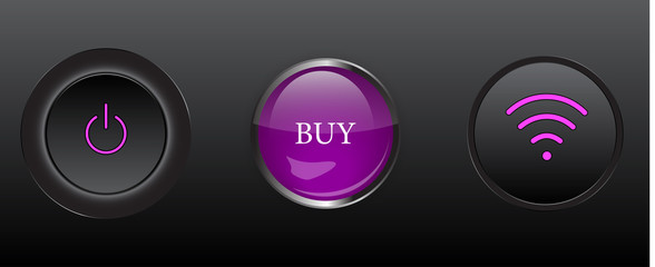 Set of buttons: buy, wifi, power.  Design elements for website or app. Vector illustration.