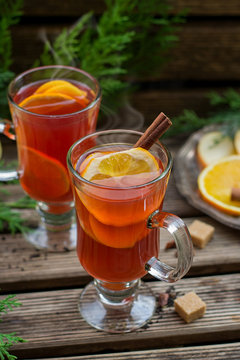 Hot fruit tea with orange, apple, lemon, raisin and spices