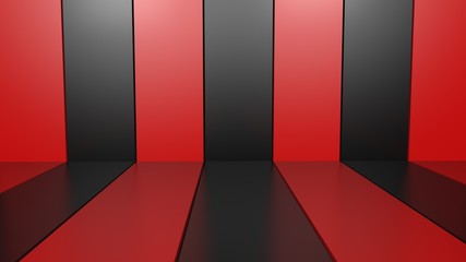 black and rd stripes forming floor and room background. 3d render