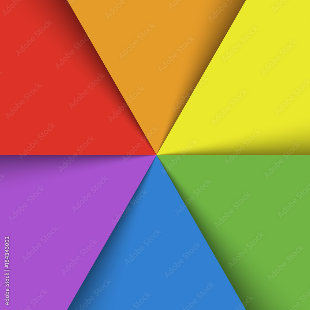 Poster overlapping colorful paper sheets in colors of rainbow spectrum arranged in a fan. with shadow effec