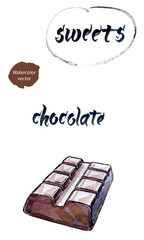 Bar of chocolate, watercolor hand drawn vector illustration