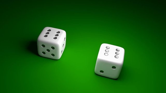 Two dice with number six on green casino background - gambling concept