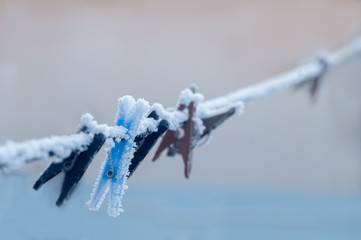 Frozen colorful clothes-pins at winter morning