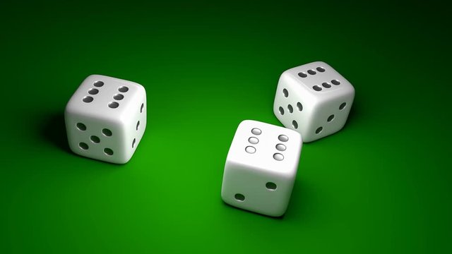 Three dice with number six on green casino background - gambling concept
