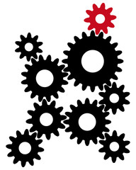 Black gears with red leader for  teamwork symbolism