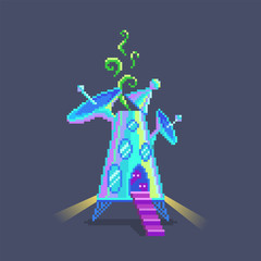 Pixel art cartoon alien spaceship.