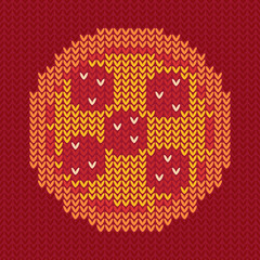 Jacquard knitted pizza on dark red background. Clipping mask used.