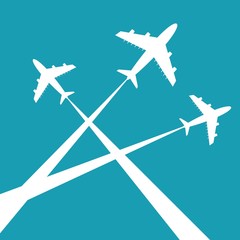 Silhouettes planes in sky. Traces of the plane. Stock flat vector illustration.