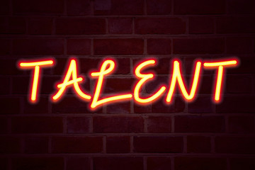 Talent neon sign on brick wall background. Fluorescent Neon tube Sign on brickwork Business concept...
