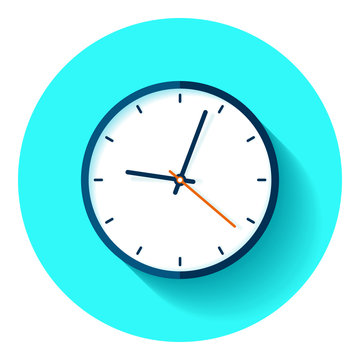 Clock icon in flat style, timer on turquoise background. Business watch. Vector design element for you project