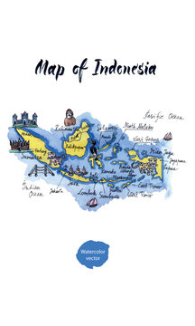 Map of attractions of Indonesia, watercolor hand drawn vector illustration