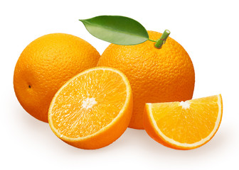 Orange fruit with green leaf, lying, half and slice