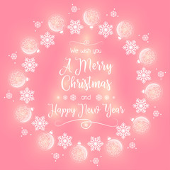 Festive wreath of crystal balls and snowflakes. Merry Christmas and a Happy New Year