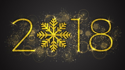 Fototapeta na wymiar 2018 Happy New Year and Merry Christmas Vector Illustration. 3D Golden Sparkling Lettering and Stylized Snowflake with Shimmer Glitter Texture, Lights and Bokeh Isolated on Dark Gray Background