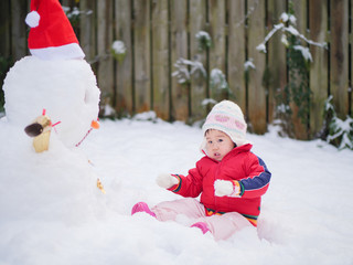 Baby girl play with  christmas snowman