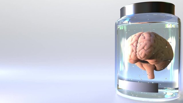 Human brain in a jar 3D animation. Scientific lab study or isolation concepts