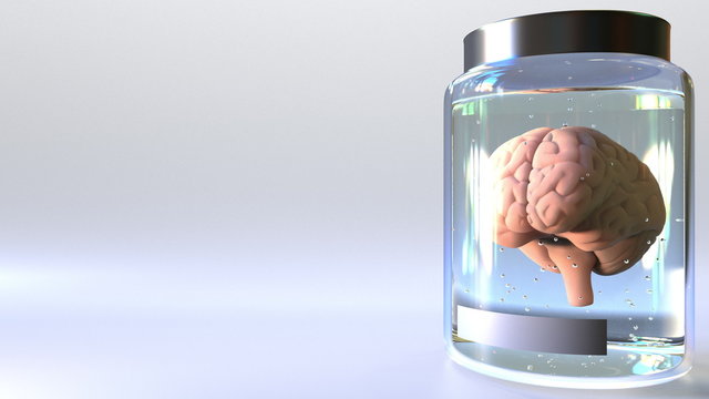 Human brain in a jar 3D rendering. Scientific lab study or isolation concepts