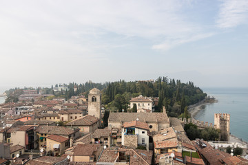 Fototapeta na wymiar Sirmione, the famous town on the Garda Lake, Italy. Aerial view of the old town.