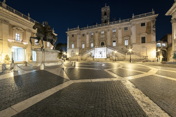 Fototapeta na wymiar Piazza del Campidoglio at night- Palazzo Senatorio Rome, Italy
