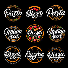 Set of pizza, pasta, pizzeria and italian food hand written lettering logos, labels, badges.