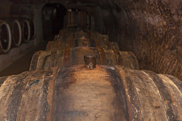 oak cork close ups, An old wine cellar with oak barrels,barrels for wine in old cellars